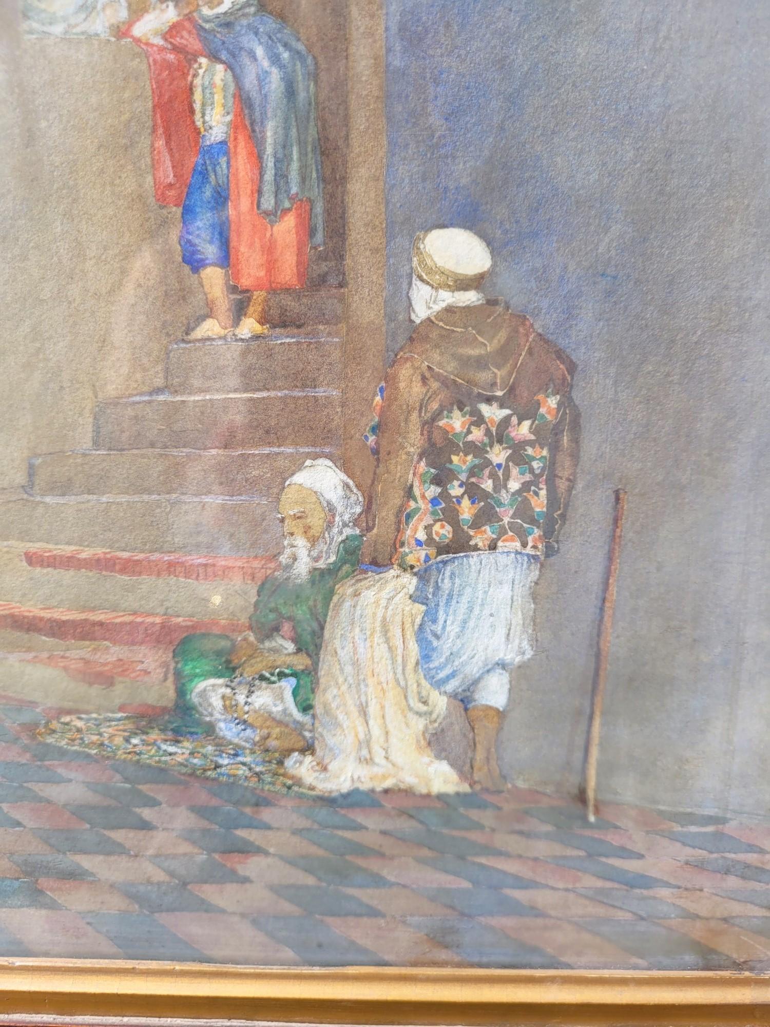 Orientalistisches Aquarell in leuchtenden Farben, das eine belebte Gasse mit sitzenden oder gehenden Menschen unter einem Weinstock darstellt

Gerahmtes Aquarell: patinierter Eichenrahmen und Goldstab, Einrahmer Foord & Dickinson

Unbearbeitetes