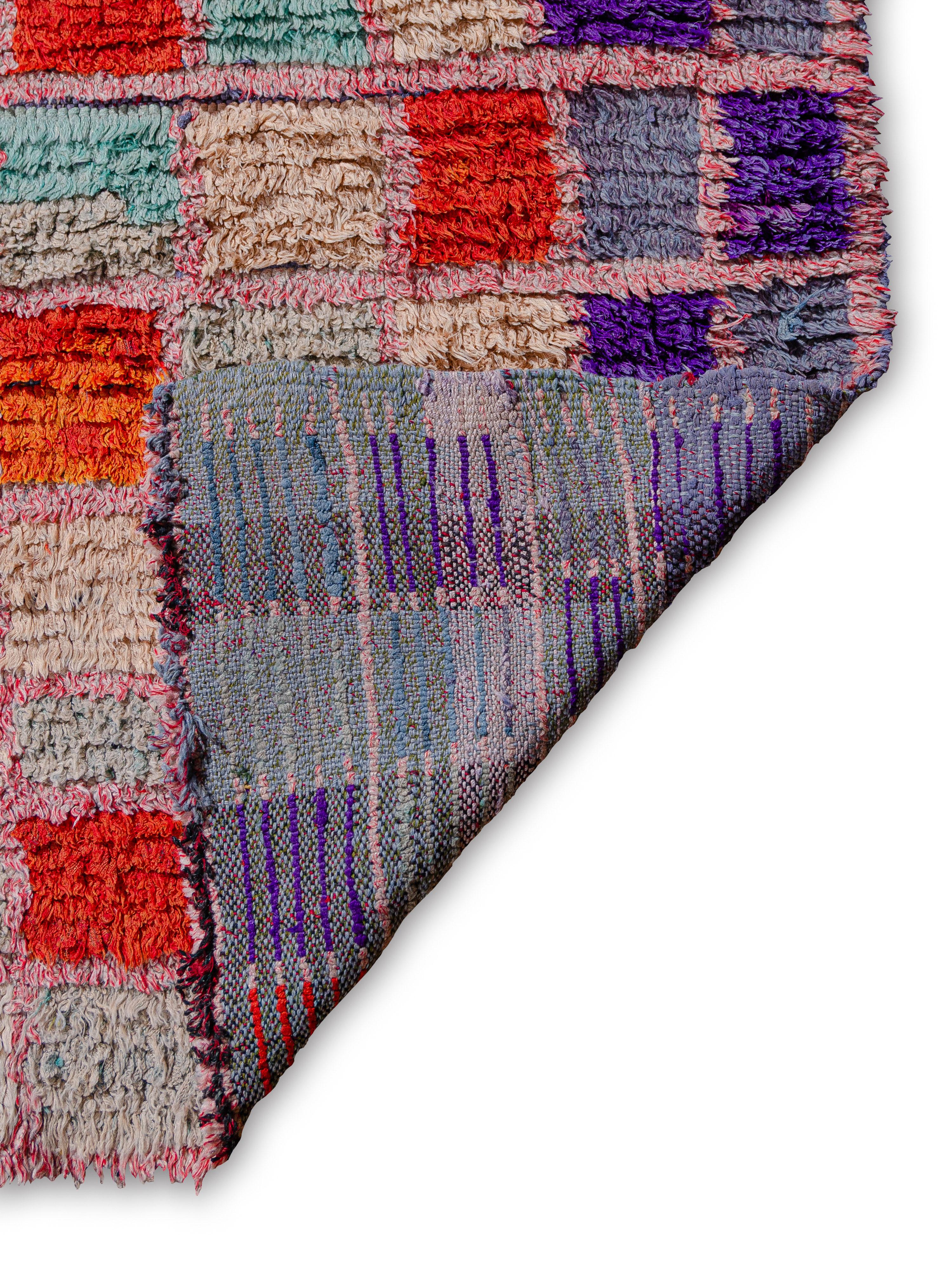Hand-Knotted Lively checkered vintage Moroccan Boucherouite rug curated by Breuckelen Berber. For Sale