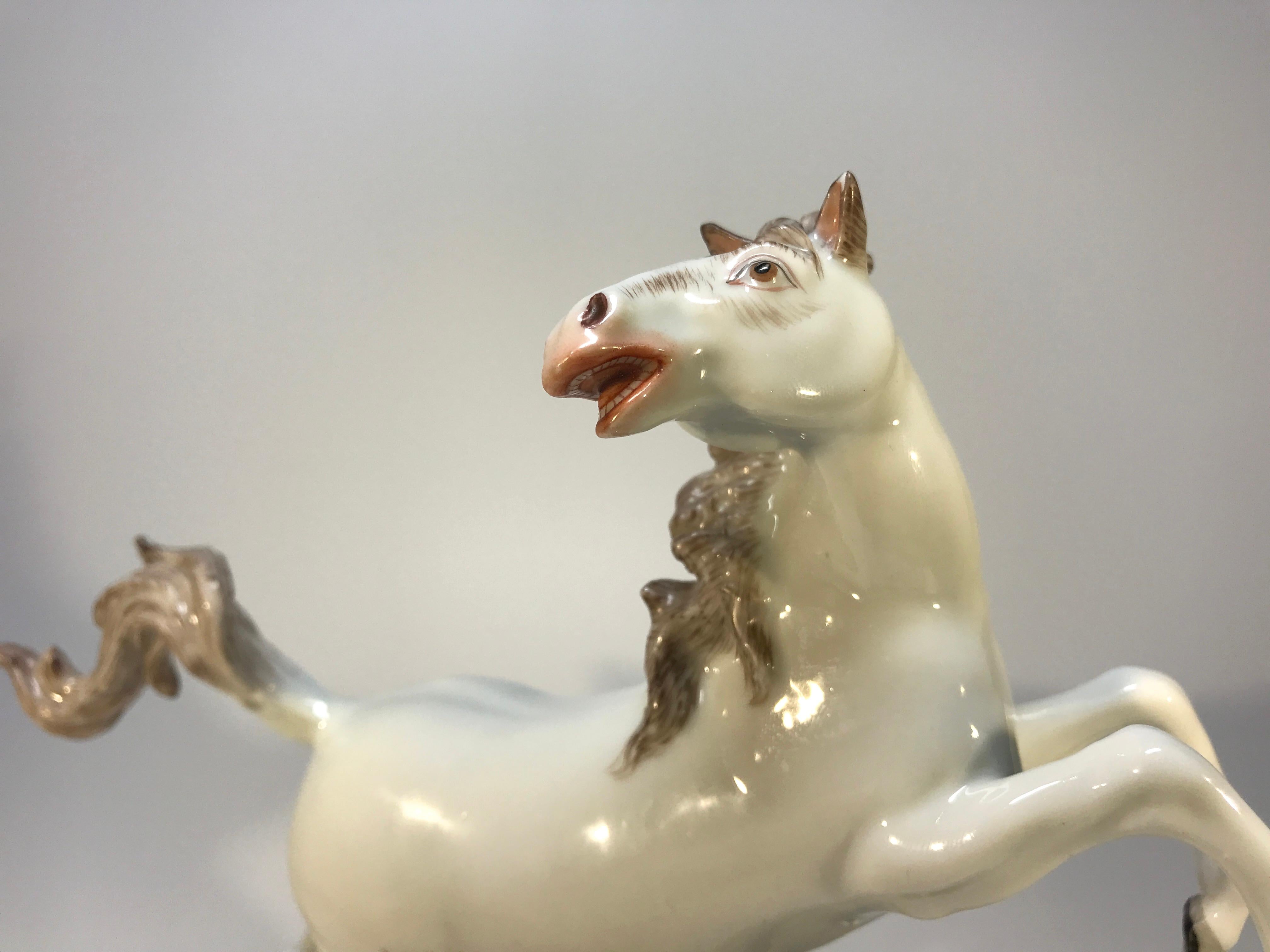 French Lively Continental White Porcelain Hand Painted Prancing Horse Figure Samson For Sale