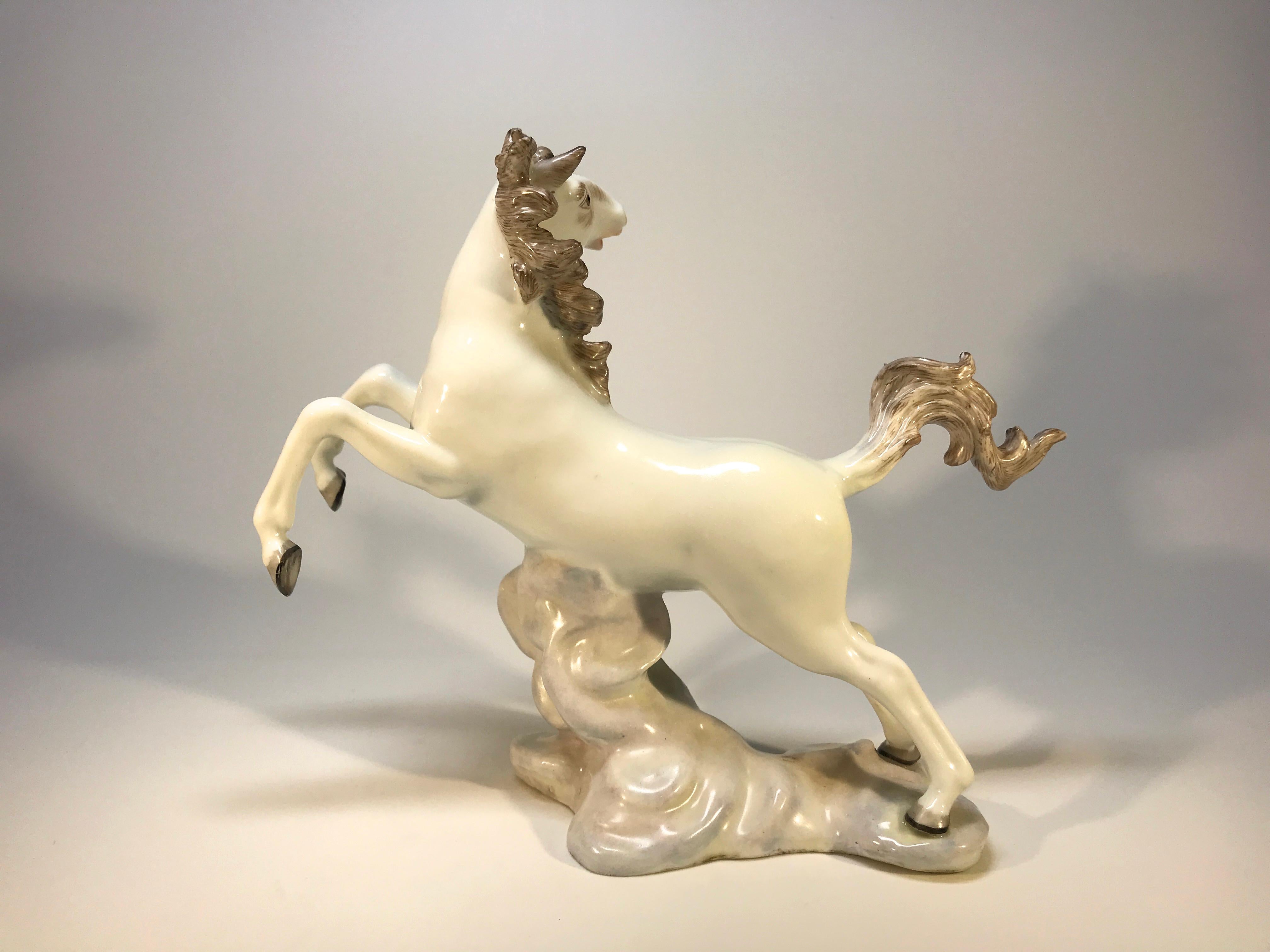 Glazed Lively Continental White Porcelain Hand Painted Prancing Horse Figure Samson For Sale