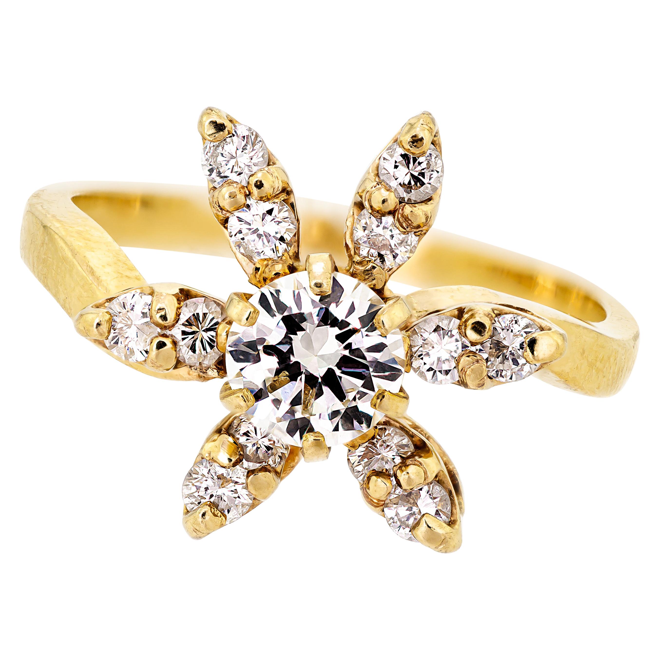 Lively Diamond and 14 Karat Yellow Gold Flower Ring For Sale
