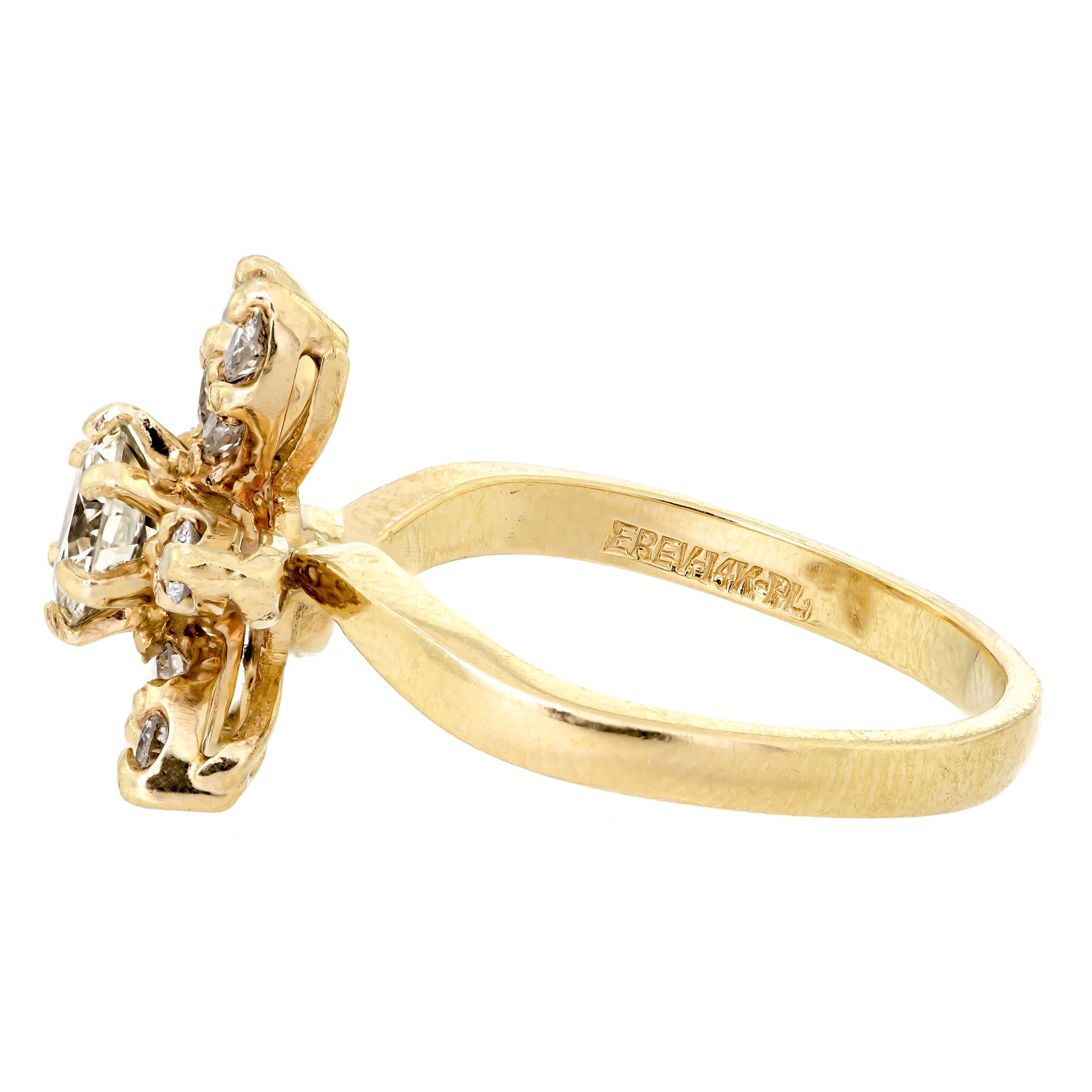 Women's Lively Diamond and 14k Yellow Gold Flower Ring  For Sale