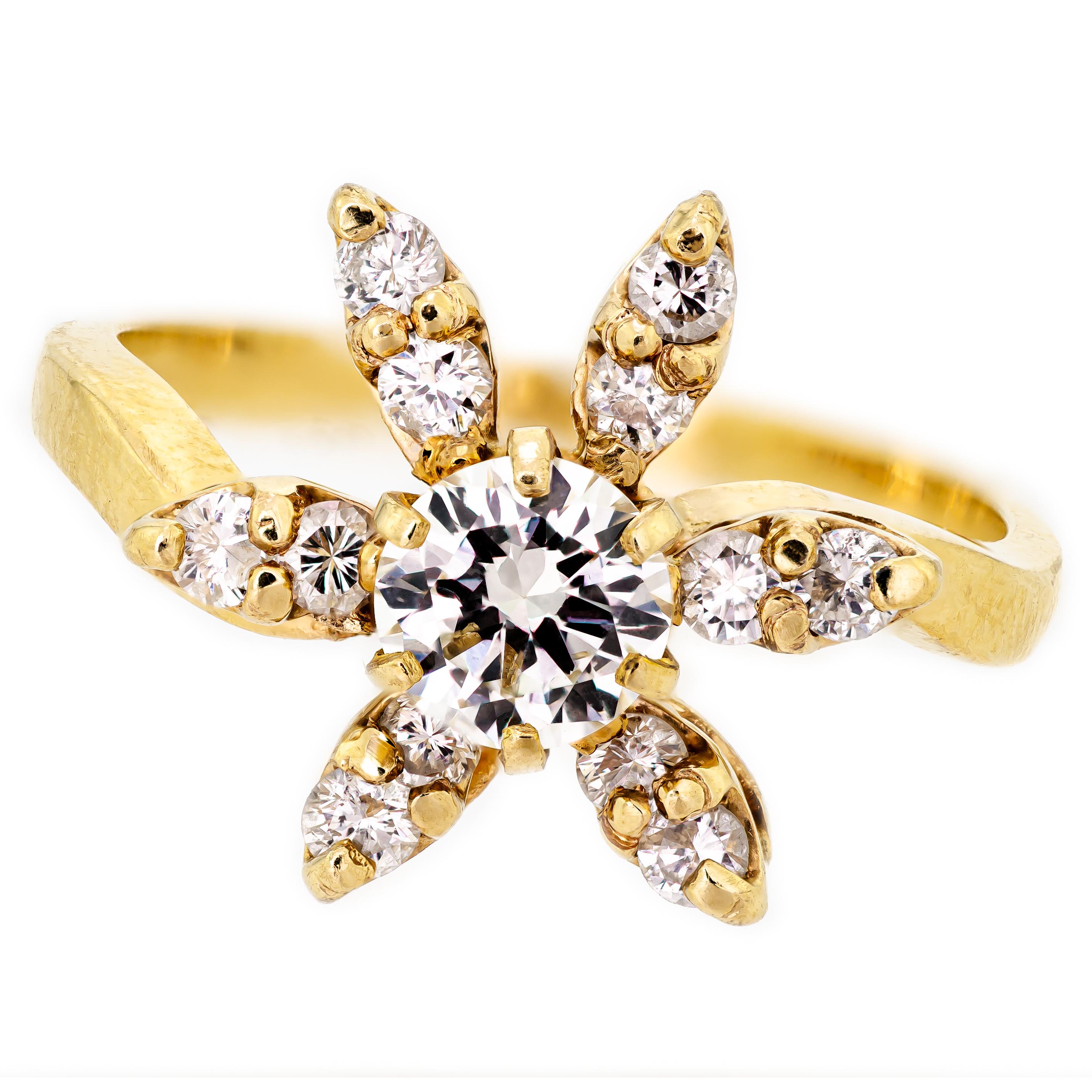 Lively Diamond and 14k Yellow Gold Flower Ring  For Sale