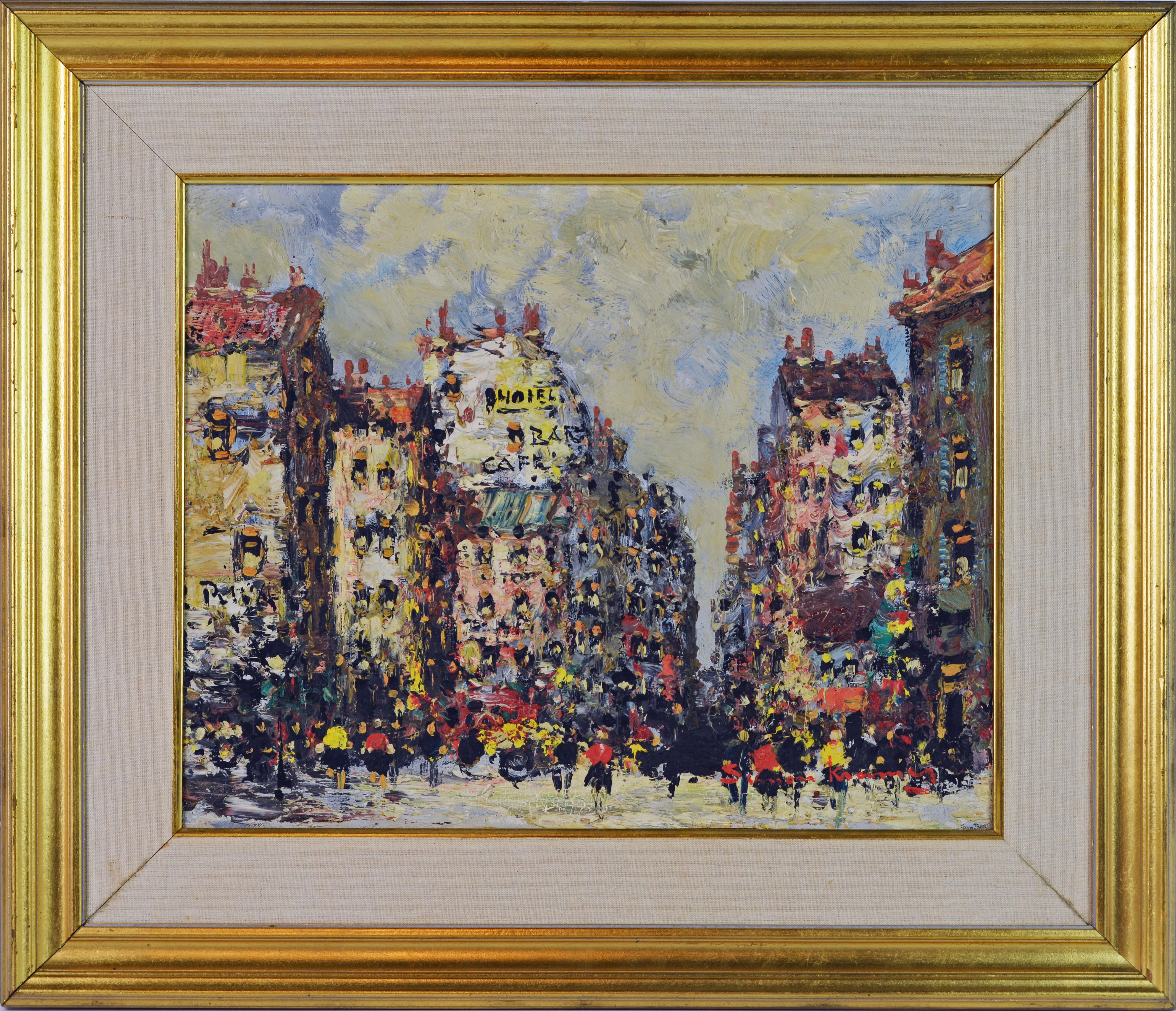 With a colorful palette and subtle impasto Simon Kramer creates the entire atmosphere of a Paris street with people moving among the buildings, some with hotels, some with cafes and the street with the hustling and bustling we love in Paris. Simon
