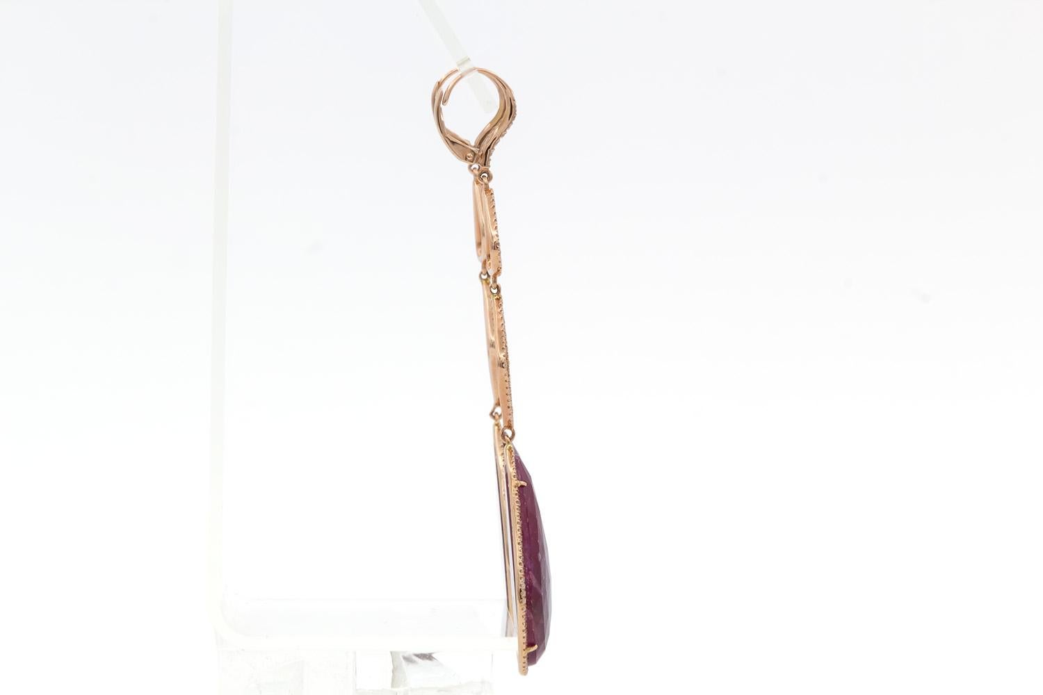 Liven 14k Rose Gold Diamond & Rose Cut Ruby Dangle Drop Earrings In New Condition For Sale In Tustin, CA