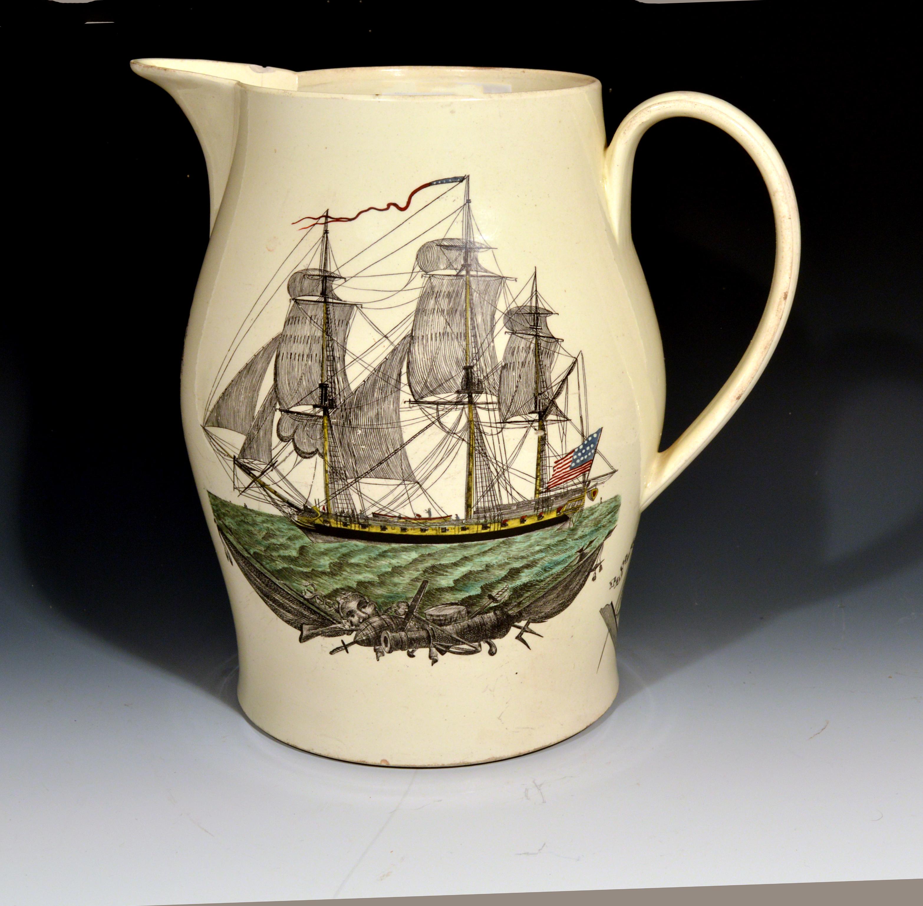 Liverpool Creamware American Ship Jug, Possibly Herculaneum Pottery, Liverpool, Circa 1799-1800

The large creamware jug decorated on one side with a colored printed American ship on a green sea with nautical objects in black below- a cannon,