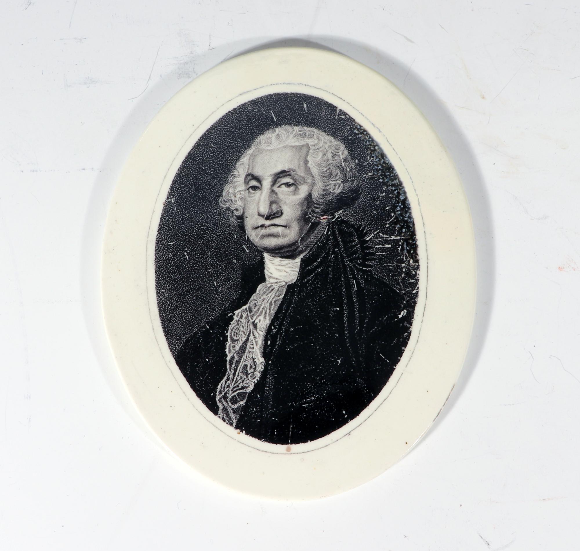 Liverpool Creamware Plaque of George Washington,
Herculaneum Pottery,
Circa 1800

The Liverpool creamware plaque depicts the Gilbert Stuart image of George Washington. The creamware plaque is oval and decorated with a transfer printed image of