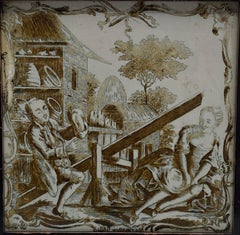 Liverpooler Delfter Kachel. John Sadler Druck "The See Saw", um 1770.
