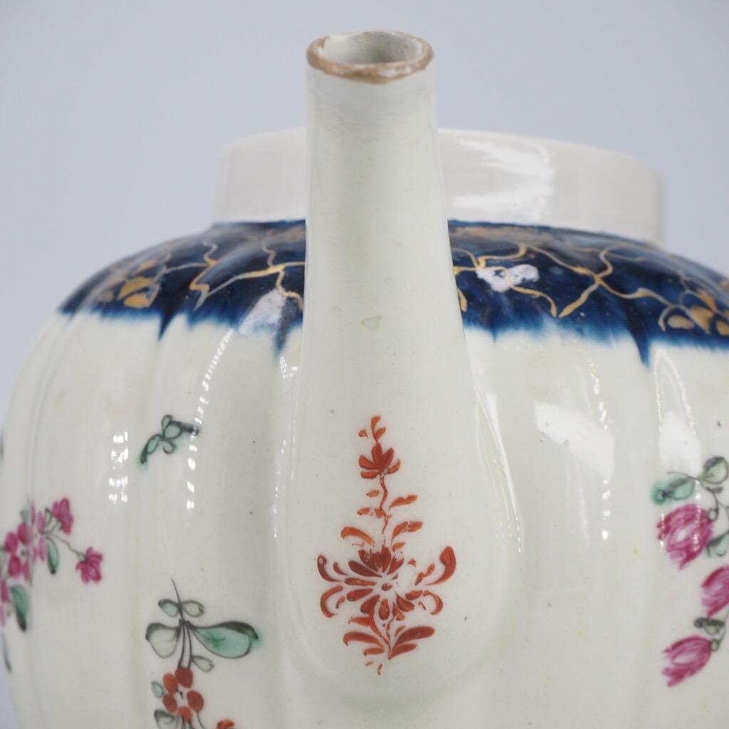 Liverpool Fluted Teapot, Christian & Co, Cracked Ice & Flowers, C. 1770 For Sale 7