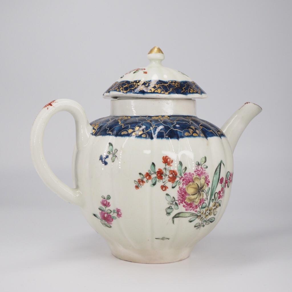 Rococo Liverpool Fluted Teapot, Christian & Co, Cracked Ice & Flowers, C. 1770 For Sale