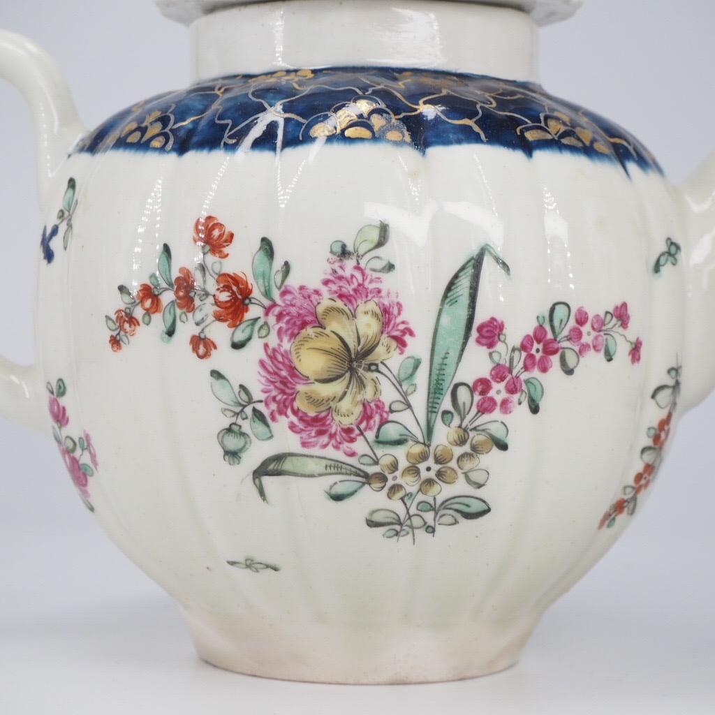English Liverpool Fluted Teapot, Christian & Co, Cracked Ice & Flowers, C. 1770 For Sale