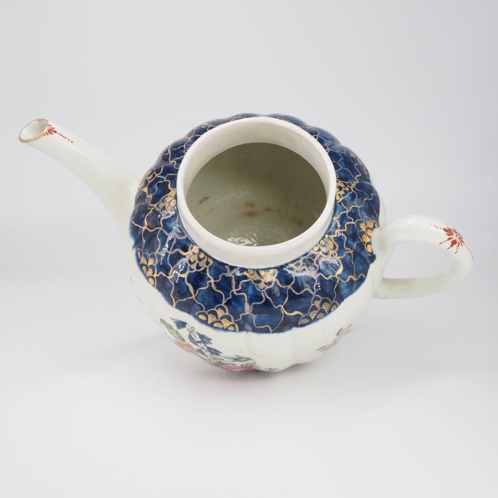 Late 18th Century Liverpool Fluted Teapot, Christian & Co, Cracked Ice & Flowers, C. 1770 For Sale