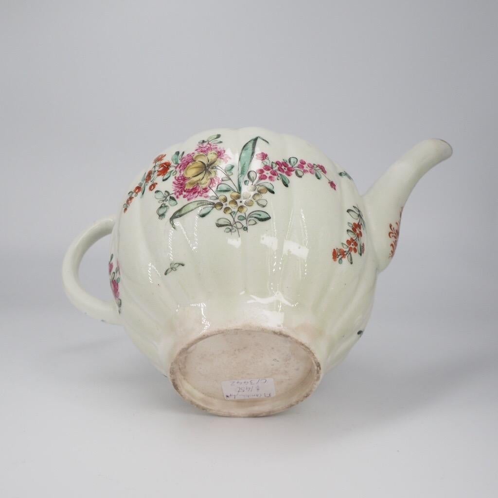 Porcelain Liverpool Fluted Teapot, Christian & Co, Cracked Ice & Flowers, C. 1770 For Sale