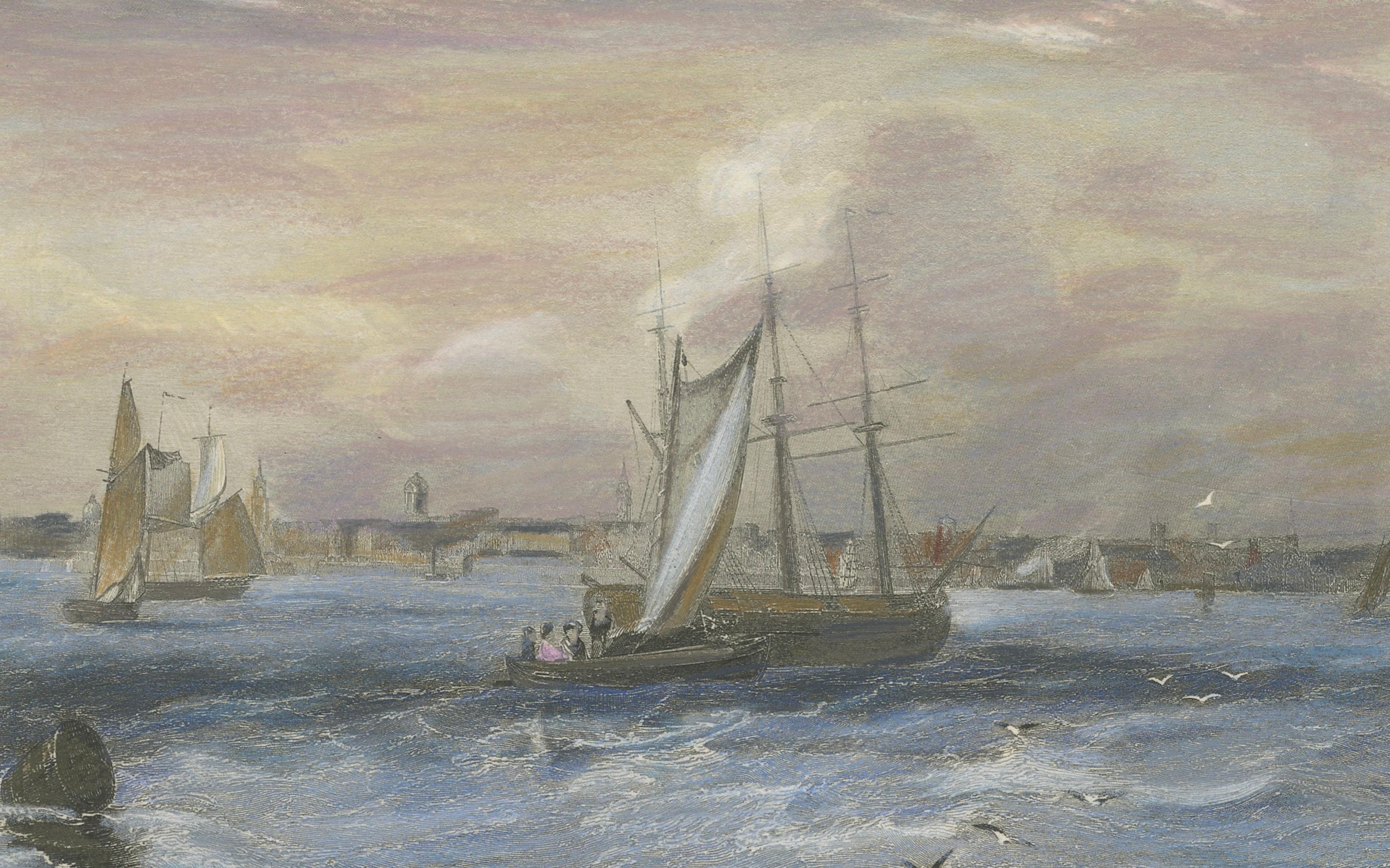 Liverpool depuis Seacombe - Gravure maritime du 19e siècle de W.B. Scott Bon état - En vente à Langweer, NL