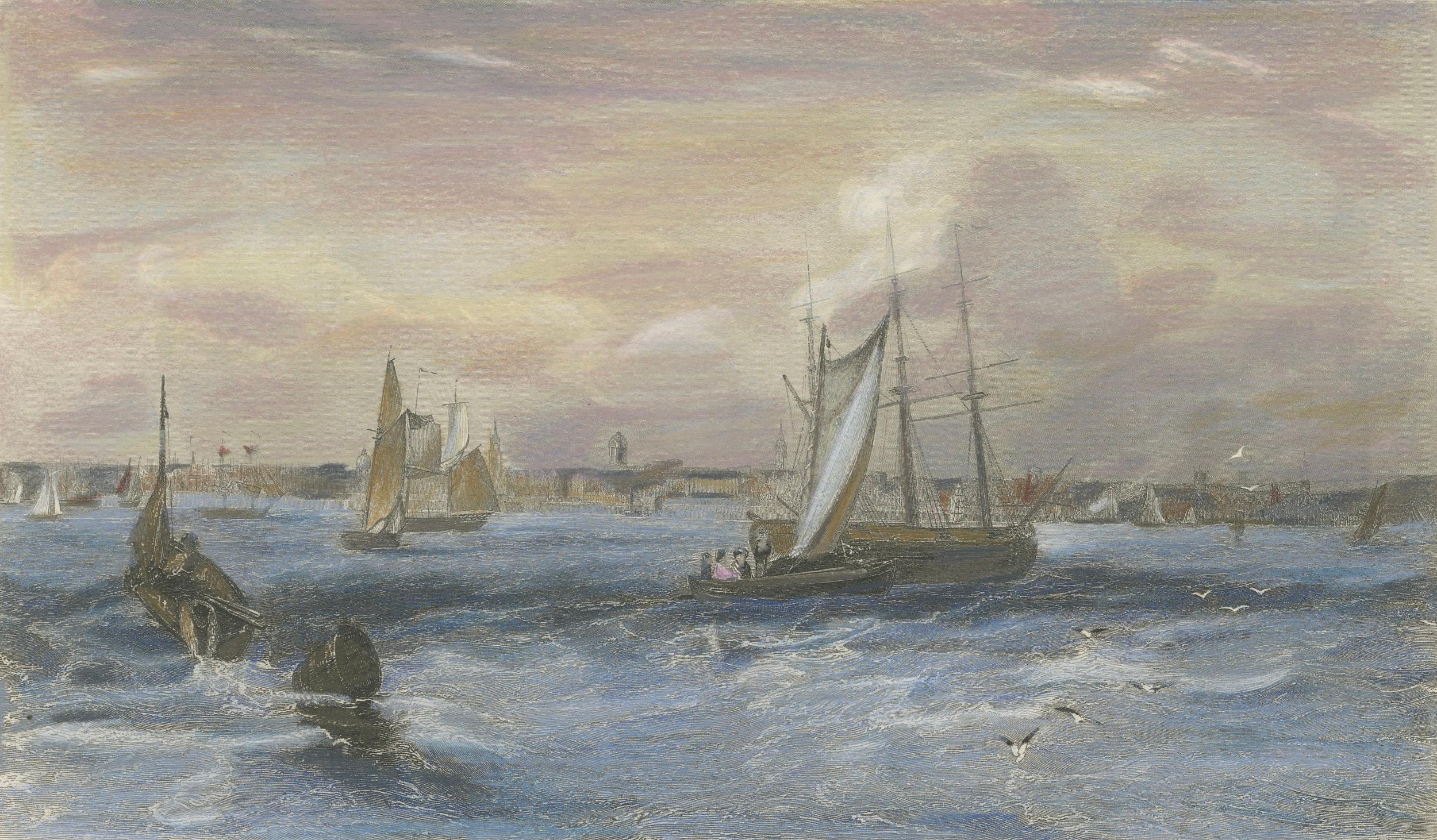 Milieu du XIXe siècle Liverpool depuis Seacombe - Gravure maritime du 19e siècle de W.B. Scott en vente