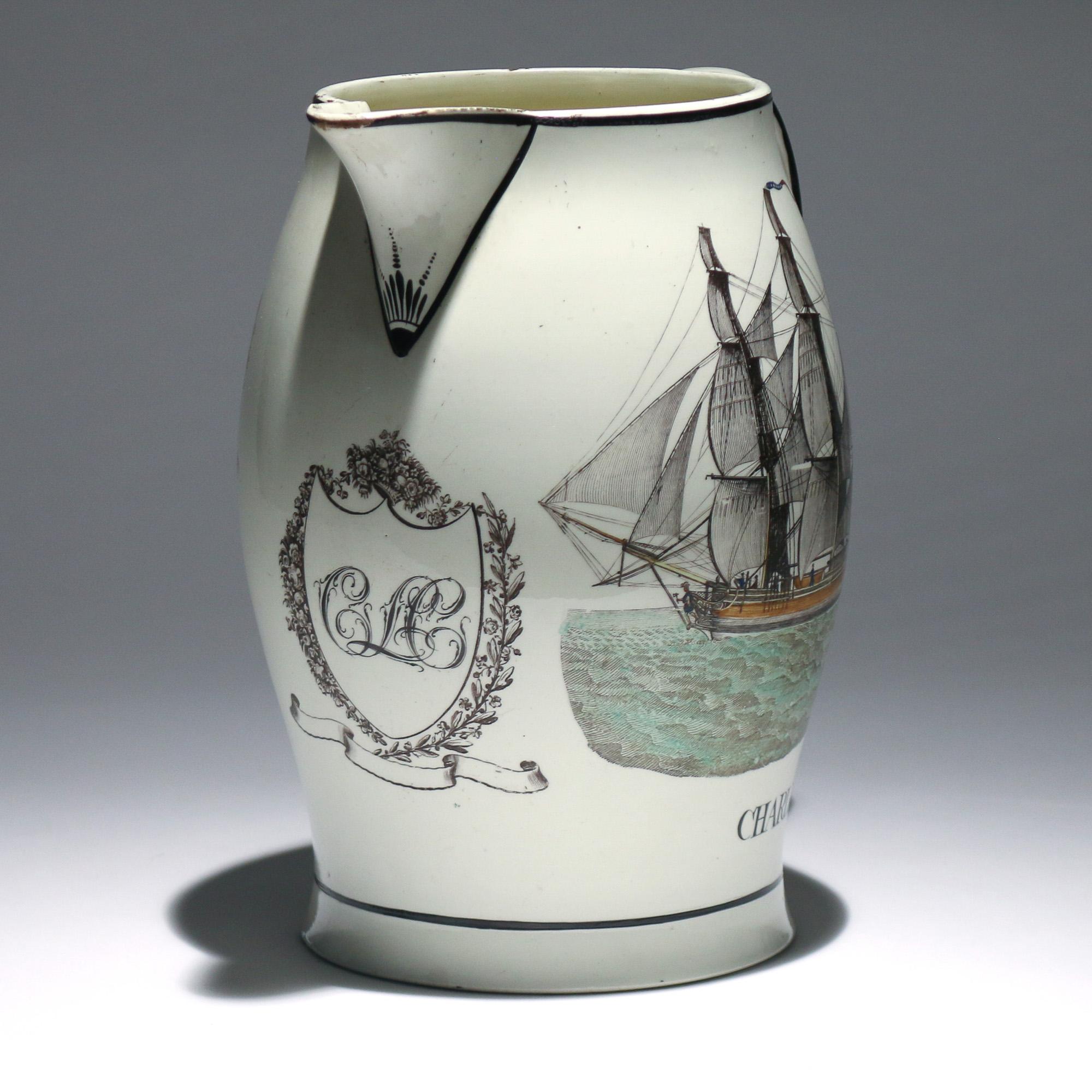 Liverpool creamware jug with an American ship and the name Charles below,
Probably Herculaneum Pottery,
circa 1800-1810.

The large jug with a printed image of an American ship and the name Charles inscribed below. On the reverse side, The