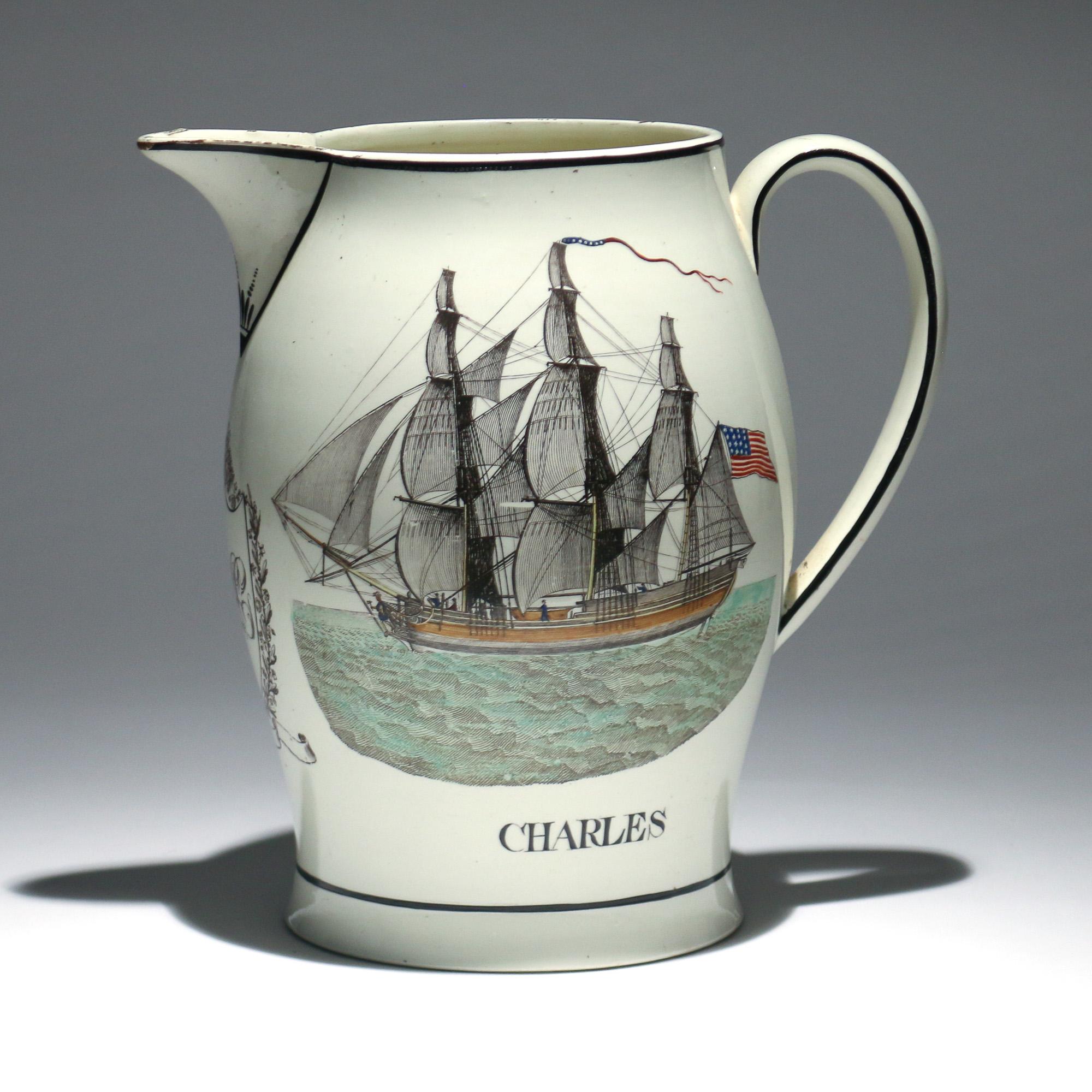 Georgian Liverpool Large Creamware Jug with American Ship, Inscribed Charles