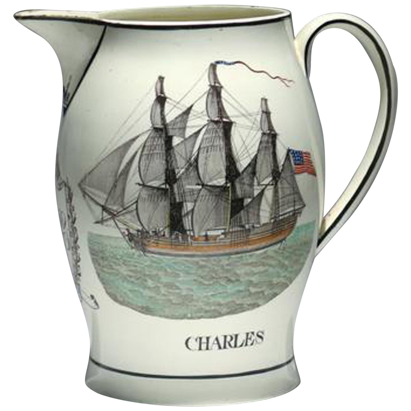 Liverpool Large Creamware Jug with American Ship, Inscribed Charles