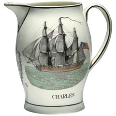 Antique Liverpool Large Creamware Jug with American Ship, Inscribed Charles