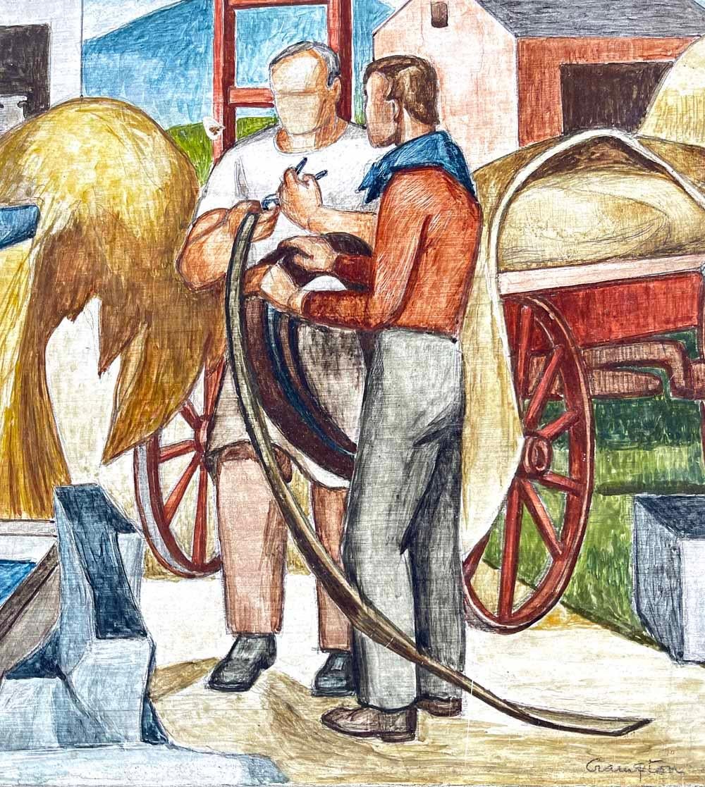 This classic example of Social Realist art was painted by Rollin Crampton as a study for a WPA mural -- perhaps never executed -- in the 1930s, when he was served as supervisor of the New York City WPA (Works Progress Administration) Art Project