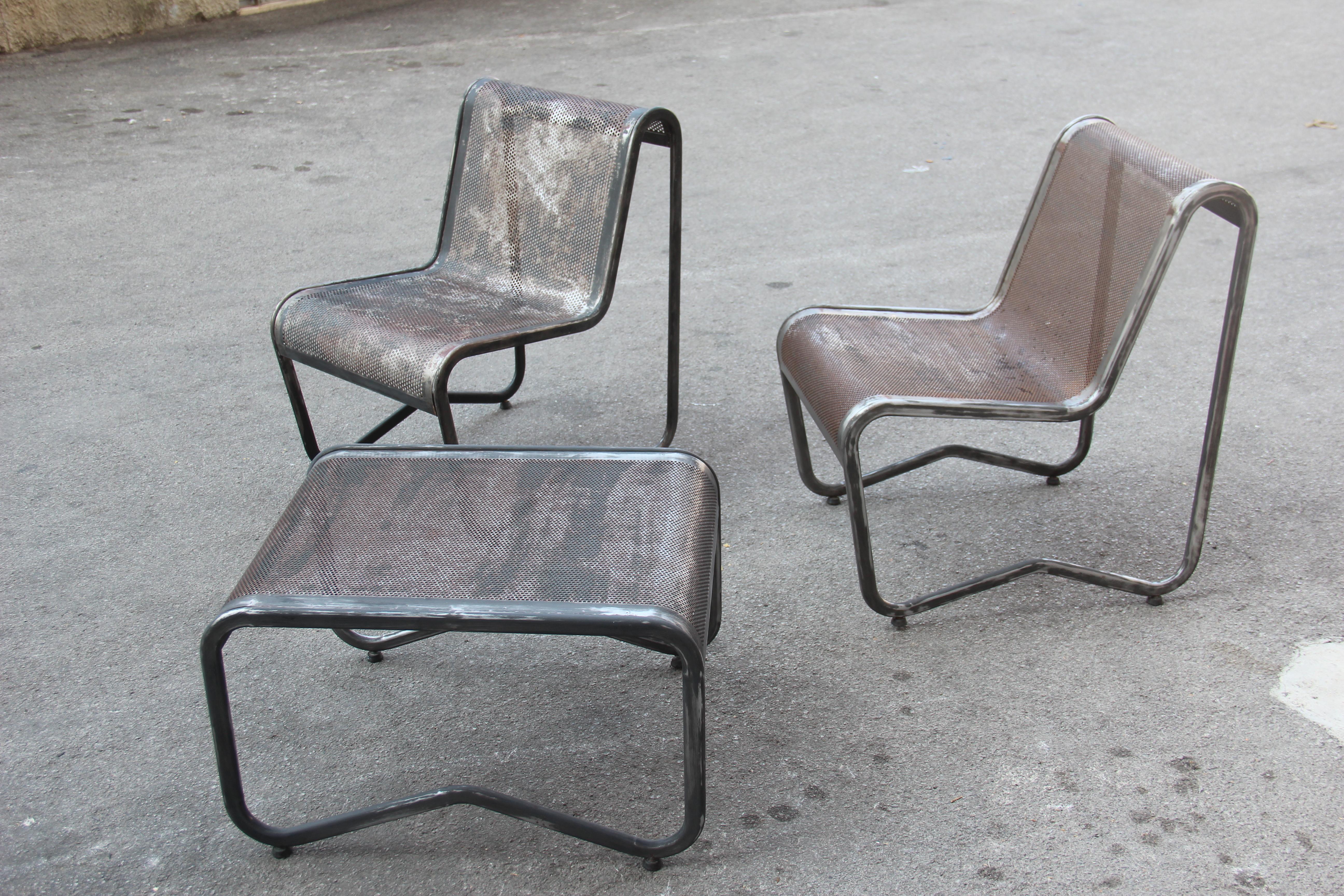 Mid-20th Century Livin Room Set Minimal Industrial Design of 1950 French Perforated Black Metal For Sale