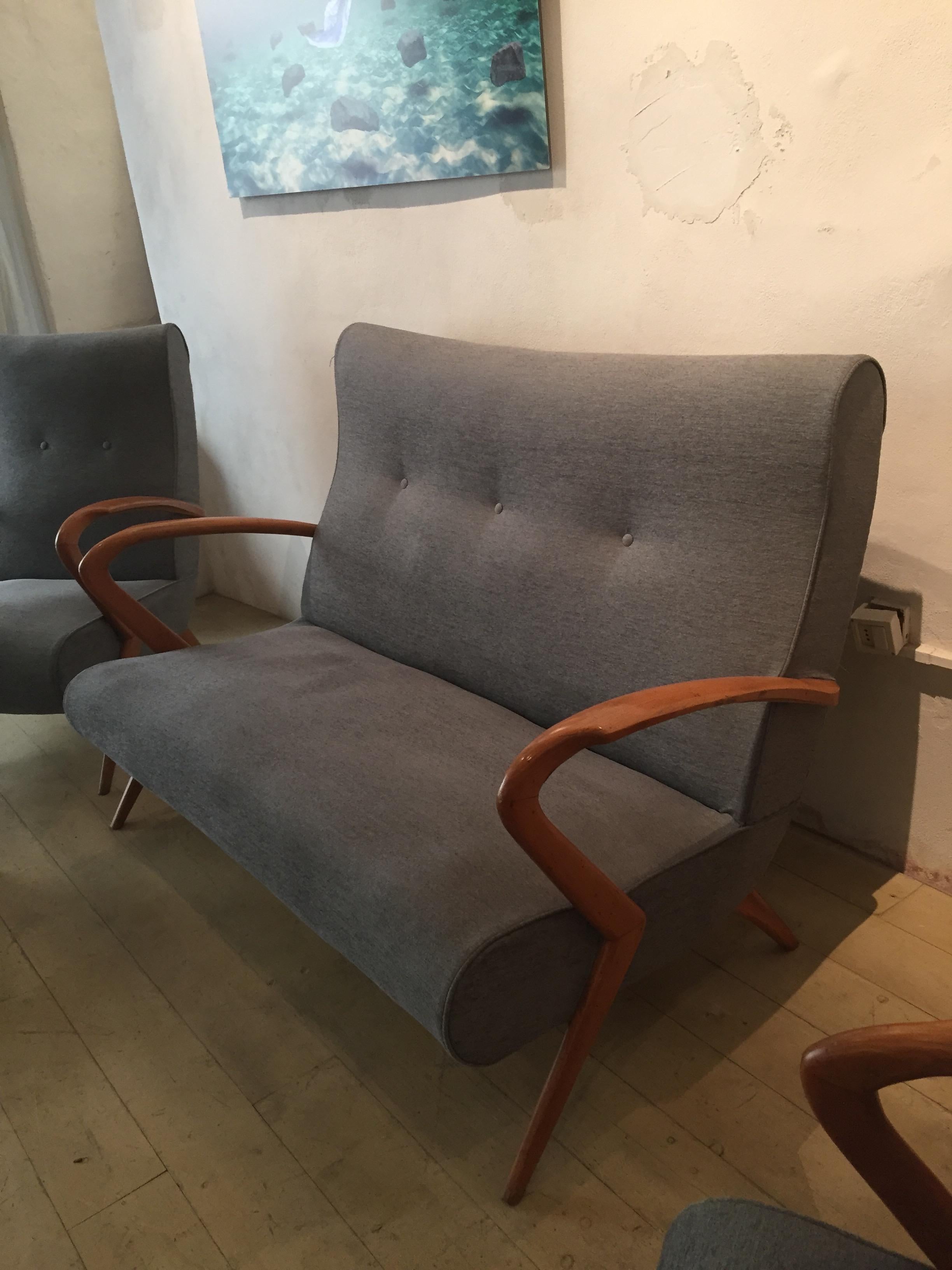 Living Room, 2 Grey Armchair Whit Footstools, 1 Grey Sofa, 1950, Italy For Sale 3