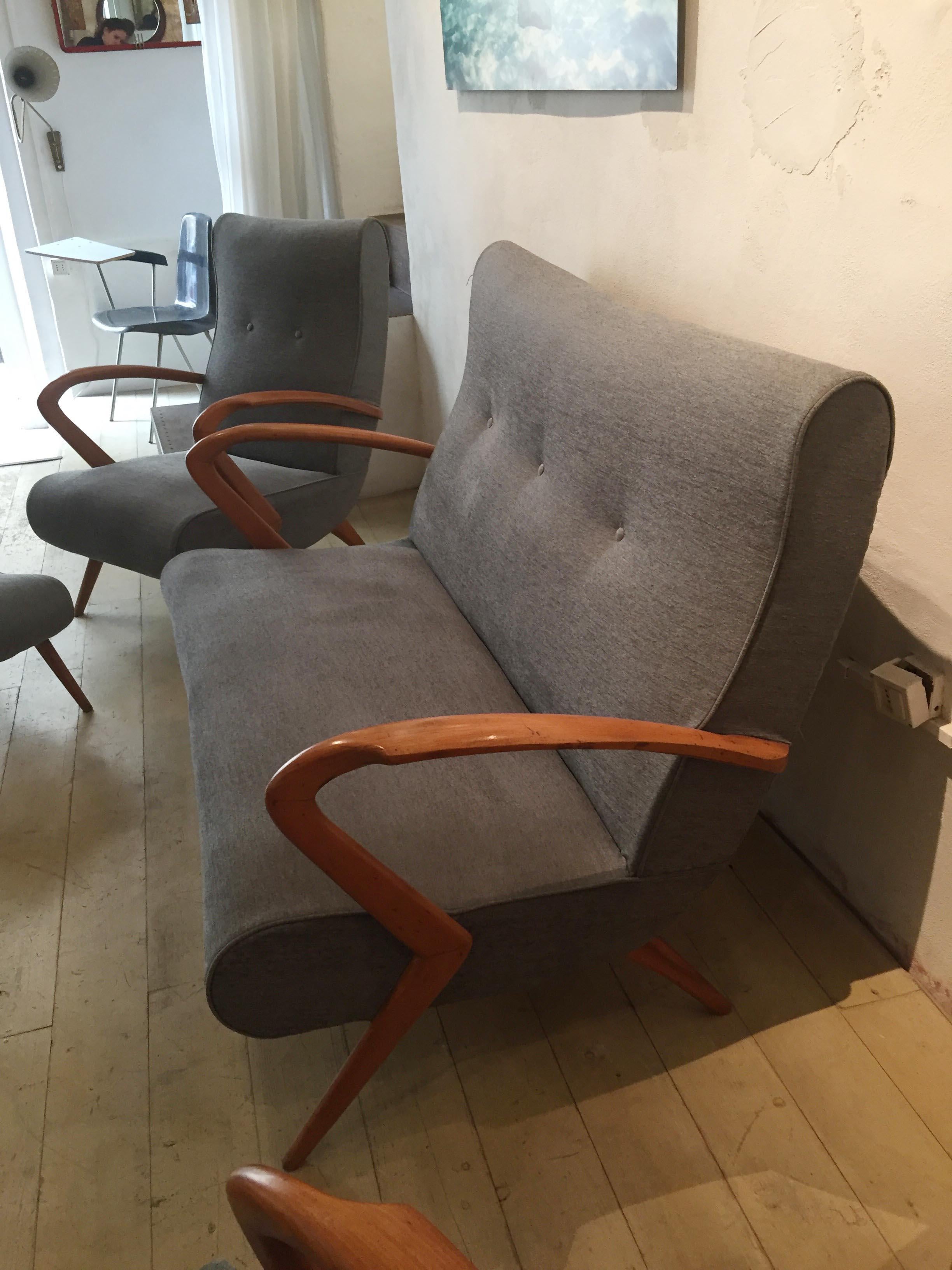 Living Room, 2 Grey Armchair Whit Footstools, 1 Grey Sofa, 1950, Italy For Sale 4