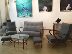 Living Room, 2 Grey Armchair Whit Footstools, 1 Grey Sofa, 1950, Italy