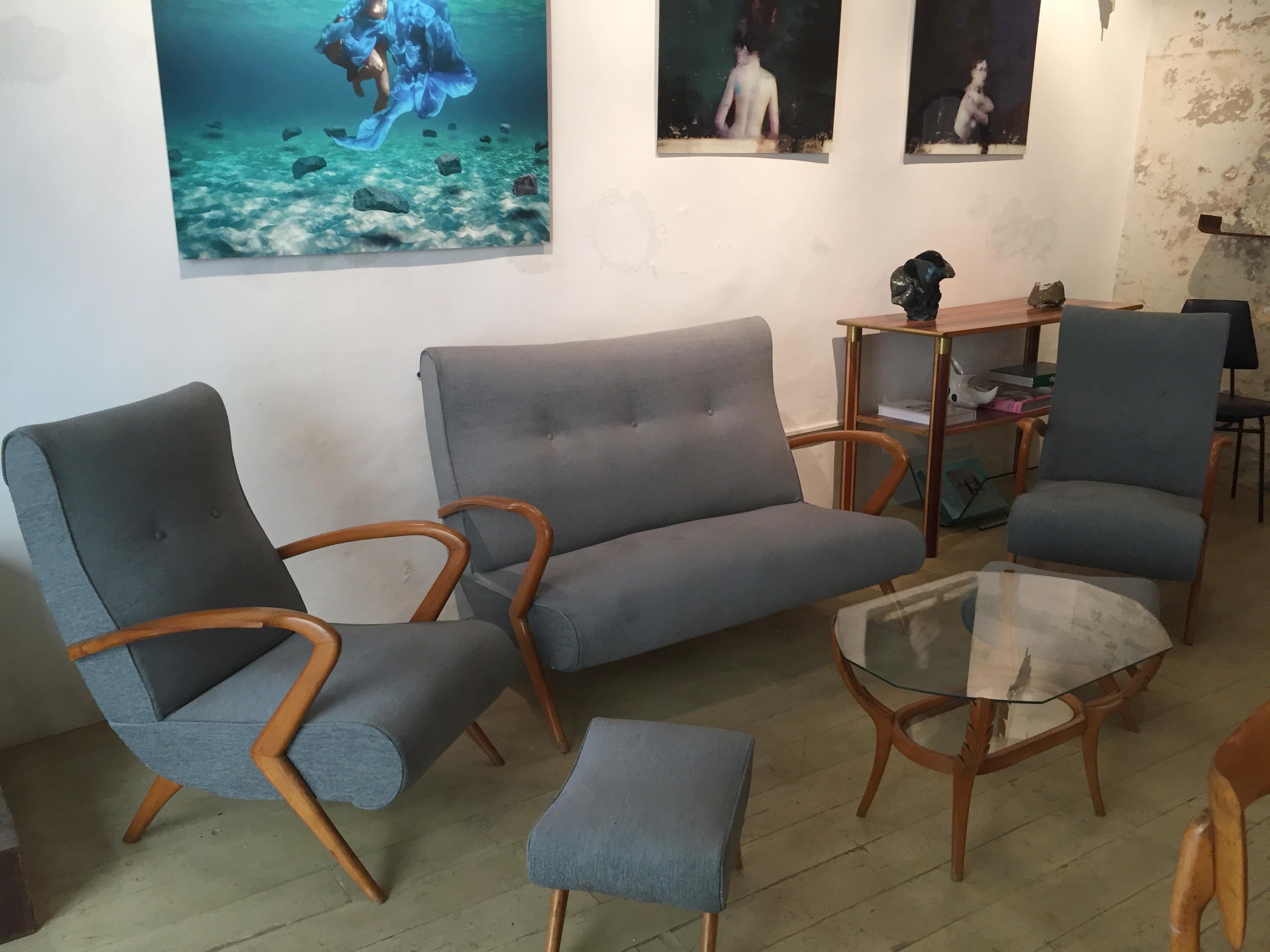 Living Room, 2 Grey Armchair Whit Footstools, 1 Grey Sofa, 1950, Italy In Good Condition For Sale In Florence, IT