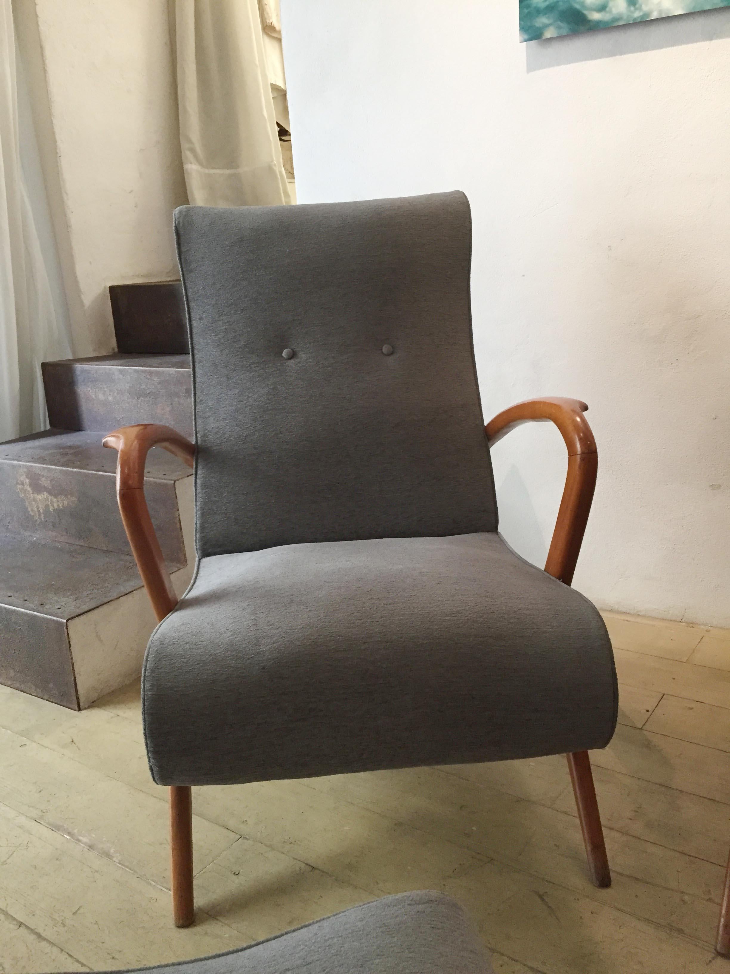 Fabric Living Room, 2 Grey Armchair Whit Footstools, 1 Grey Sofa, 1950, Italy For Sale