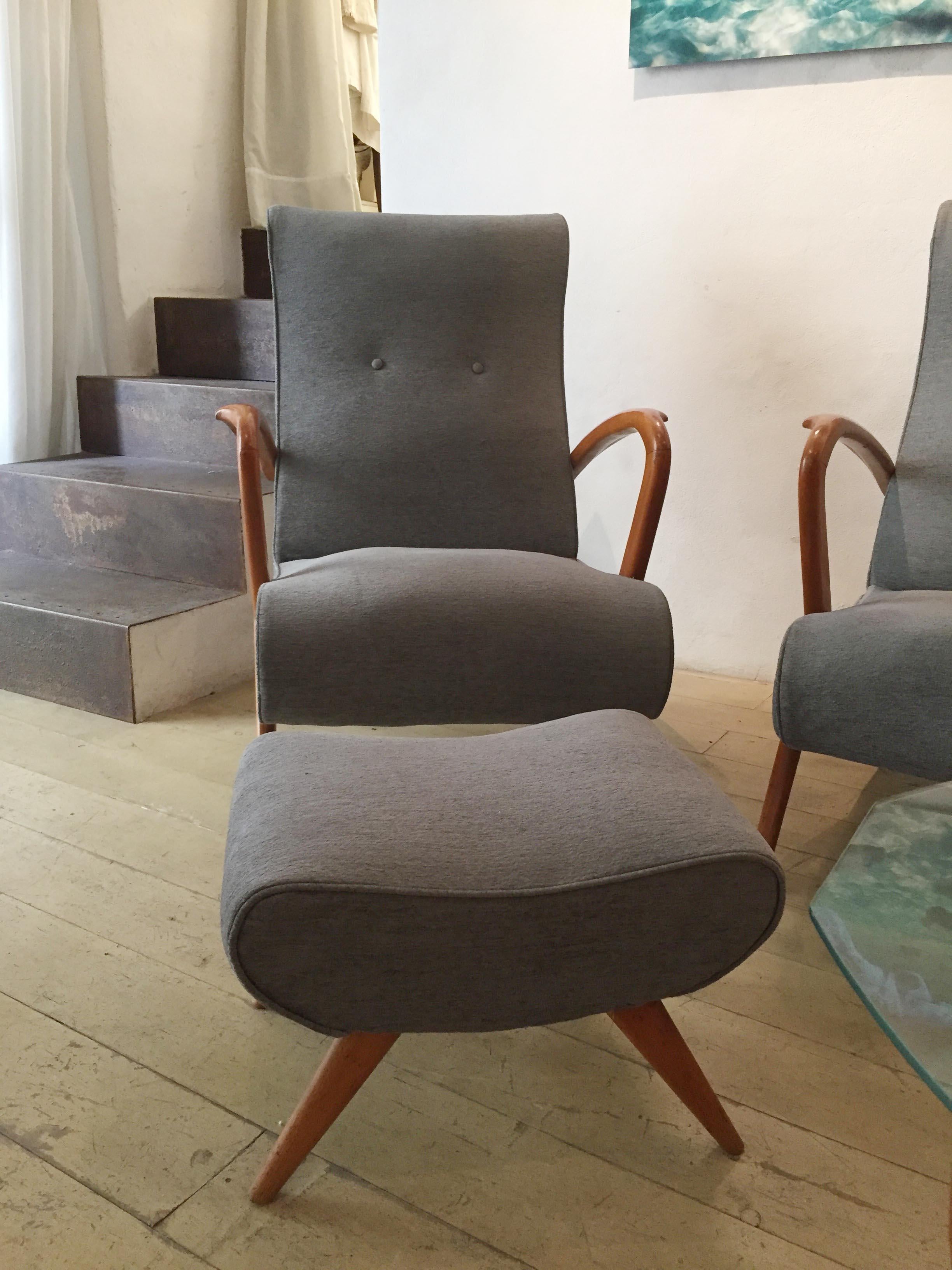 Living Room, 2 Grey Armchair Whit Footstools, 1 Grey Sofa, 1950, Italy For Sale 1