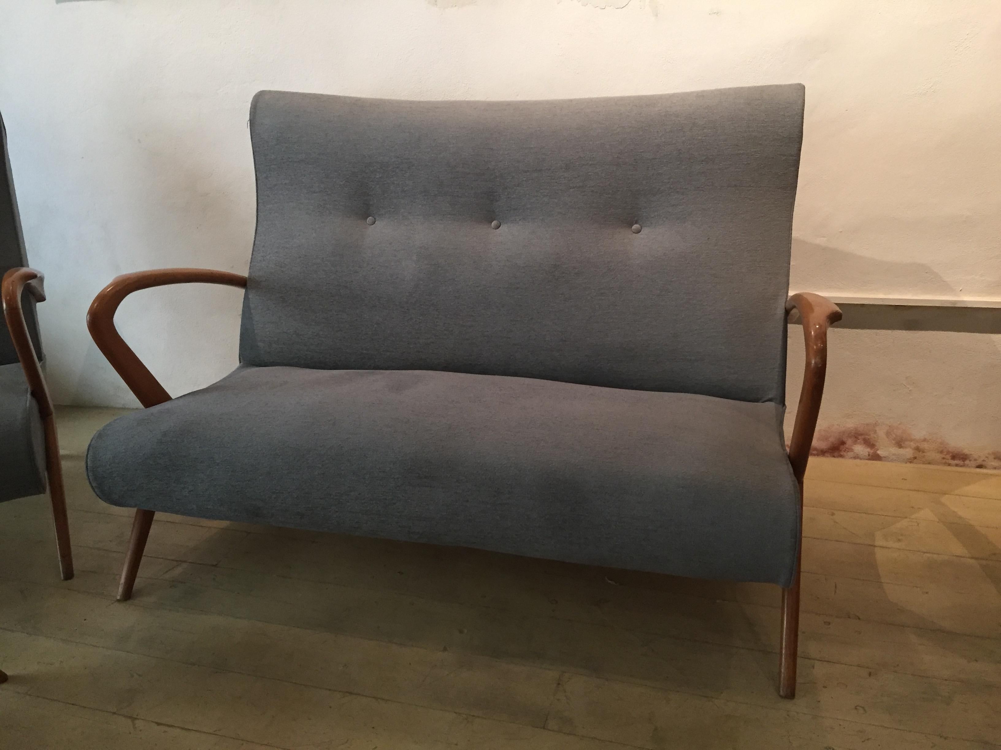 Living Room, 2 Grey Armchair Whit Footstools, 1 Grey Sofa, 1950, Italy For Sale 2