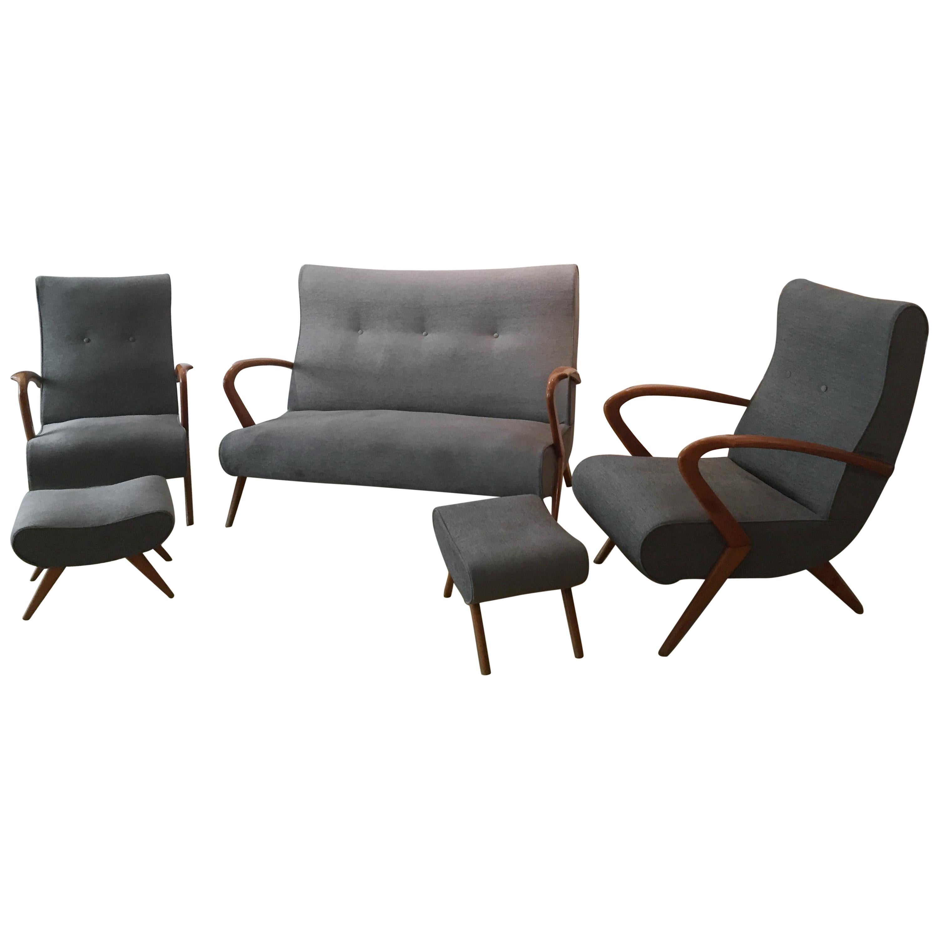 Living Room, 2 Grey Armchair Whit Footstools, 1 Grey Sofa, 1950, Italy For Sale