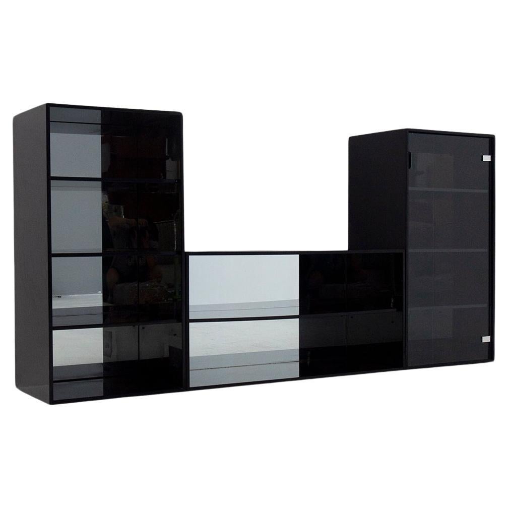 Living room and bookcase set Attr. a Acerbis black with display cabinet For Sale