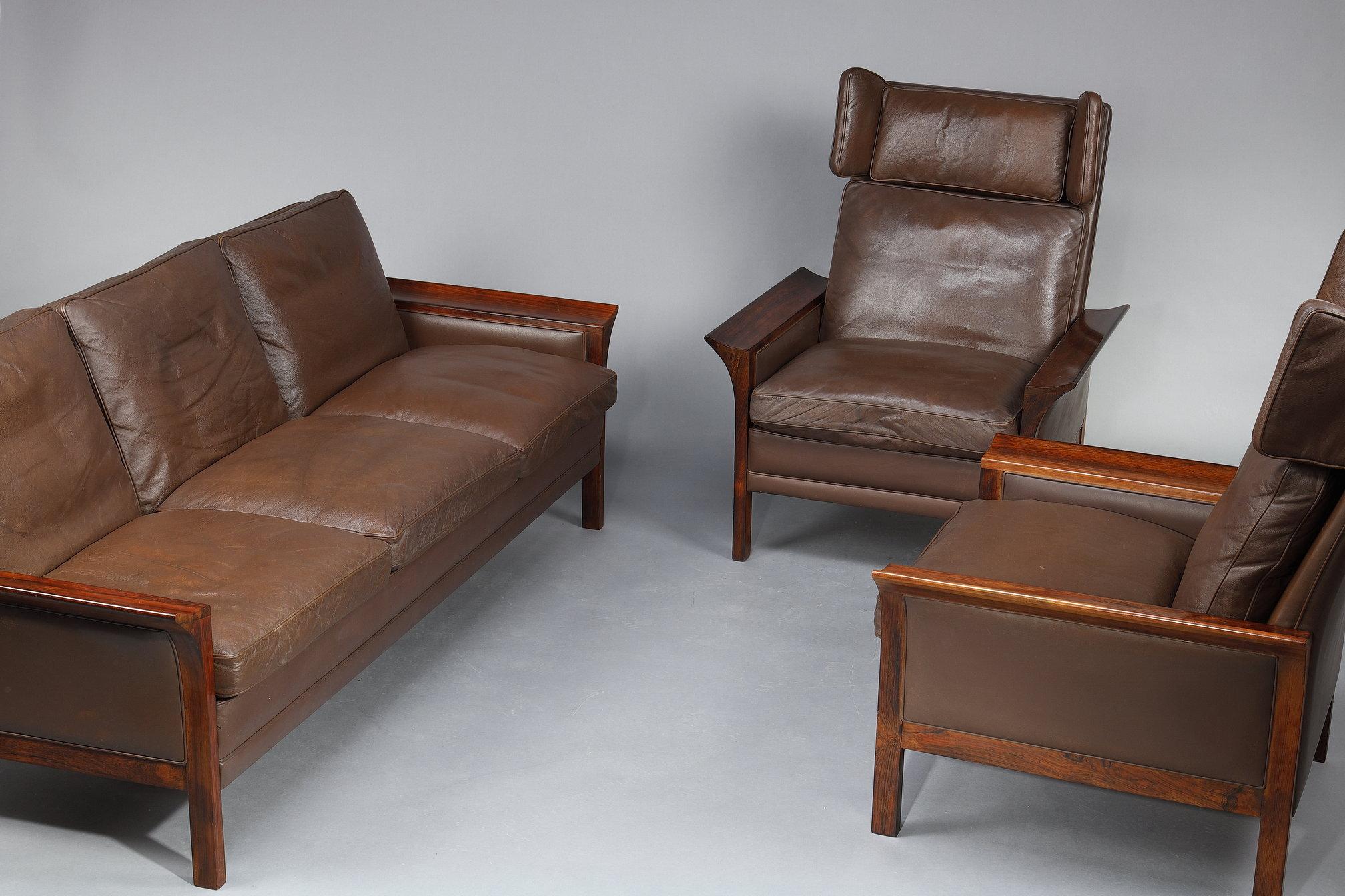 GLOSTRUP MØBELFABRIK, Denmark :

Danish manufacturer and publisher of mid-20th-century furniture based in Glostrup, Denmark. Mainly produced furniture by Danish designer Grete Jalk. Living-room furniture comprising a sofa and a pair of armchairs