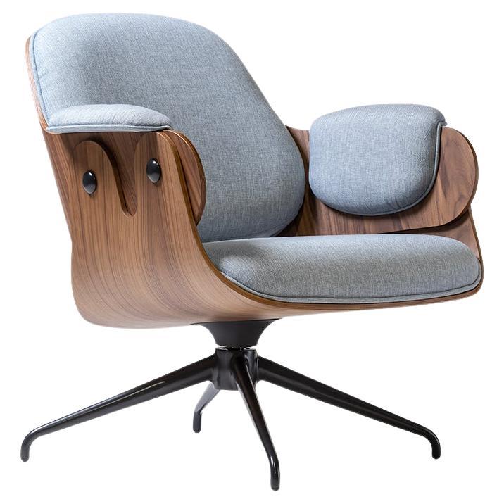 Lounge chair, "Low Lounger" by Jaime Hayon, walnut vaneer swivel base blue fabic