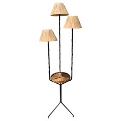 Living Room Lamp in Metal and Wicker, Raffia Lampshade 1950