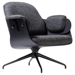 Living Room/ Office Black Low Lounger Armchair Wood Upholstered Swivel Legs 