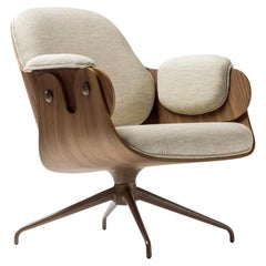 Living Room/ Office White Low Lounger Armchair Wood Upholstered Swivel Legs