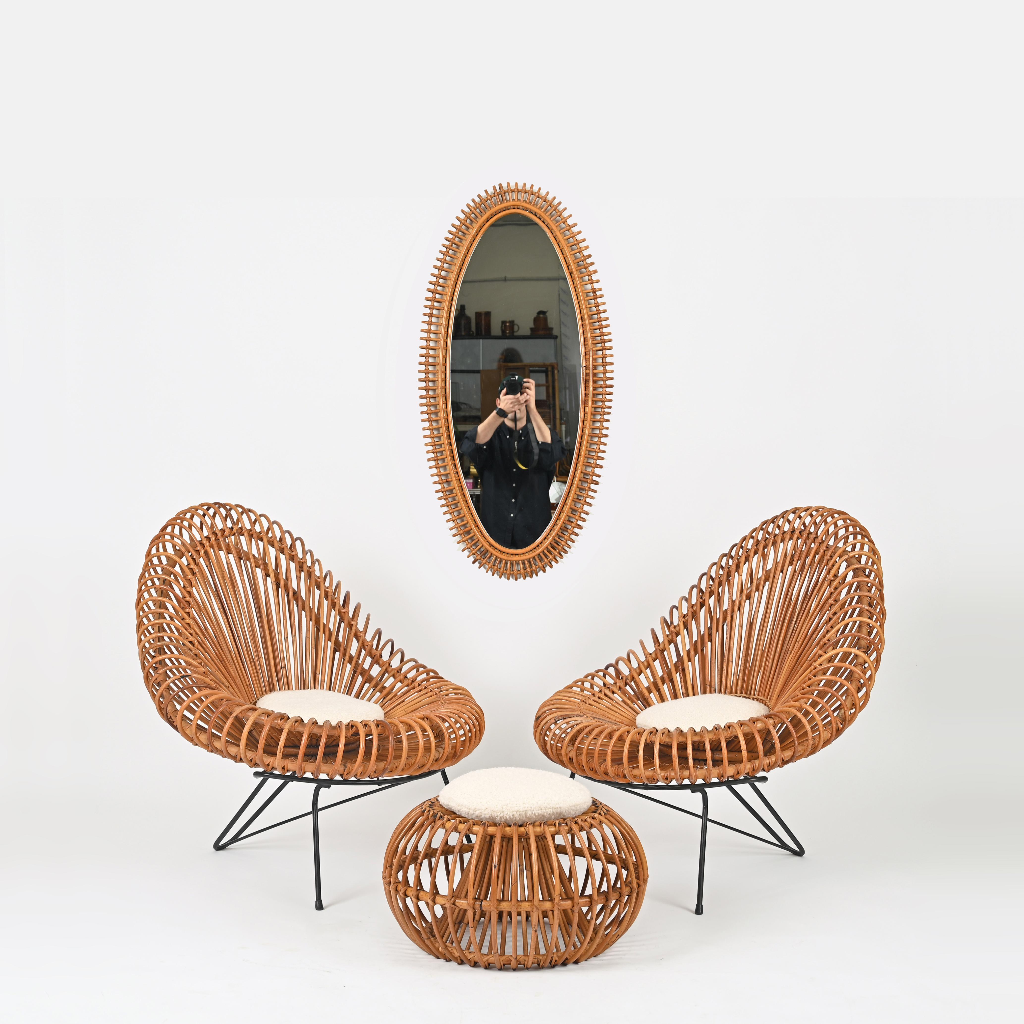 Spectacular Mid-Century French Riviera complete living room set designed by Janine Abraham & Dirk Jan Rol and made in France during the late 1950s.

This incredibly rare sculptural rattan set is considered the 