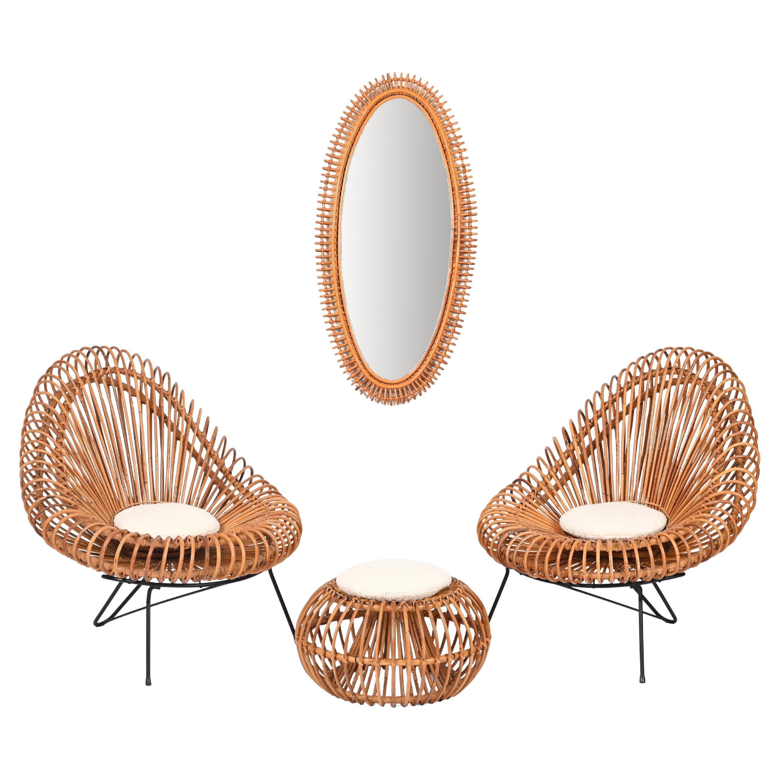 Living Room Rattan Set by Janine Abraham & Dirk Jan Rol - Chairs, Pouf, Mirror 