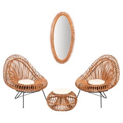 Vintage Living Room Rattan Set by Janine Abraham & Dirk Jan Rol - Chairs, Pouf, Mirror 