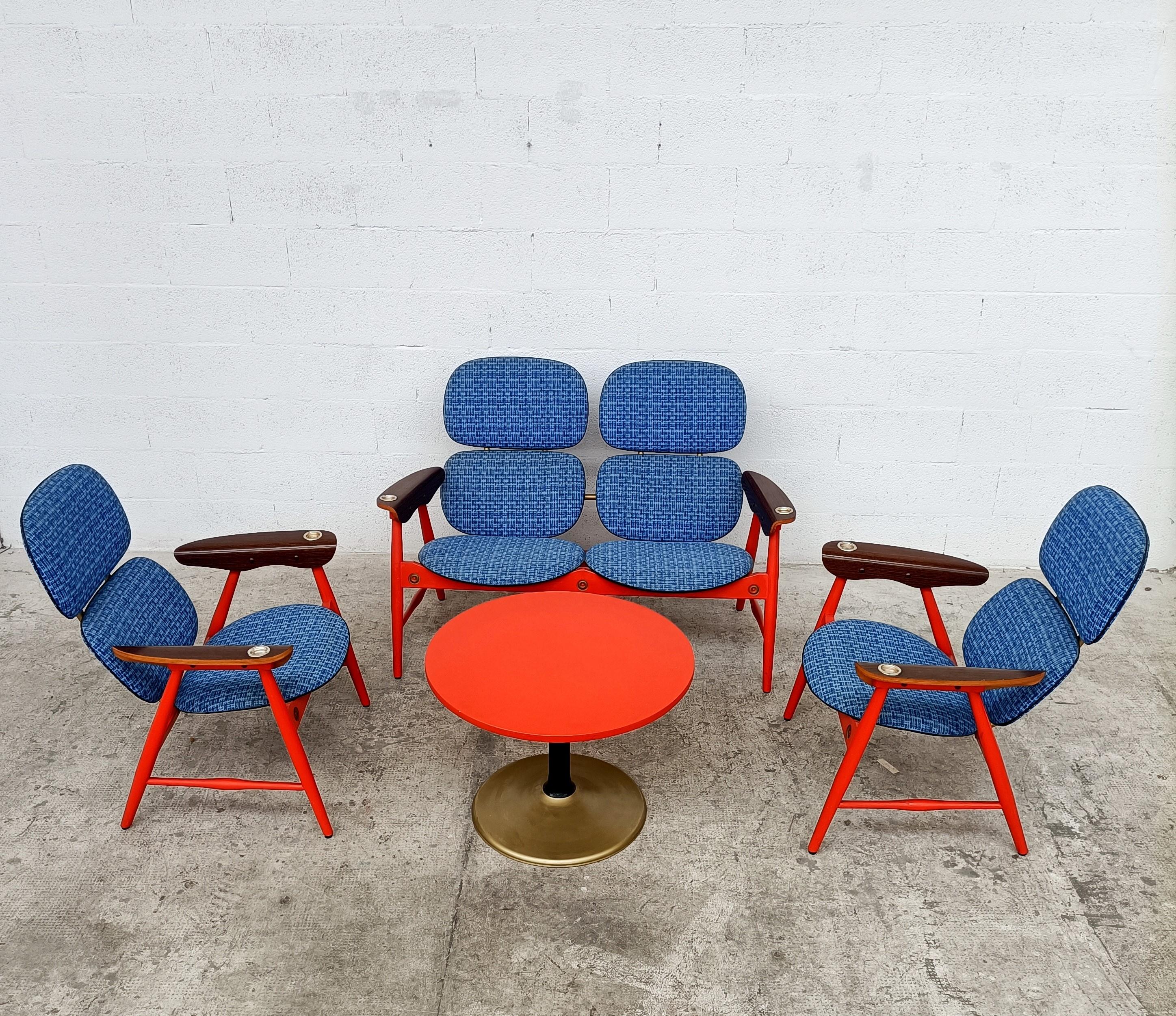 Mid-Century Modern Living Room Set, Armchairs, Loveaseat Table by Marco Zanuso for Poltronova 60s For Sale