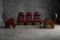 Living Room Set by Gae Aulenti in Walnut and Burgundy Leather, Italy, 1968