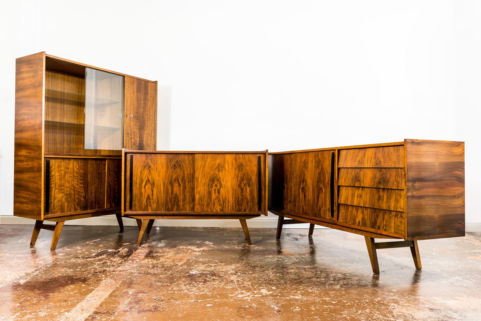 Set of 2 Walnut Sideboards and Cabinet from Słupskie Furniture Factory, 1960s 12