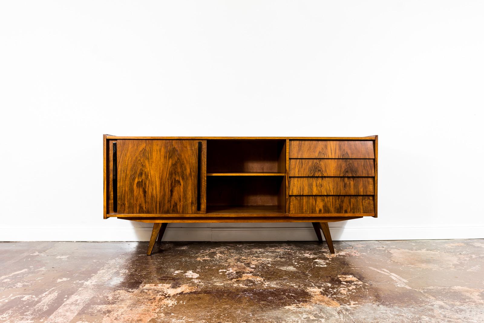Mid-Century Modern Set of 2 Walnut Sideboards and Cabinet from Słupskie Furniture Factory, 1960s