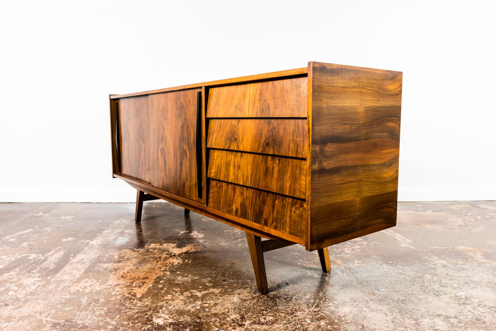 Veneer Set of 2 Walnut Sideboards and Cabinet from Słupskie Furniture Factory, 1960s