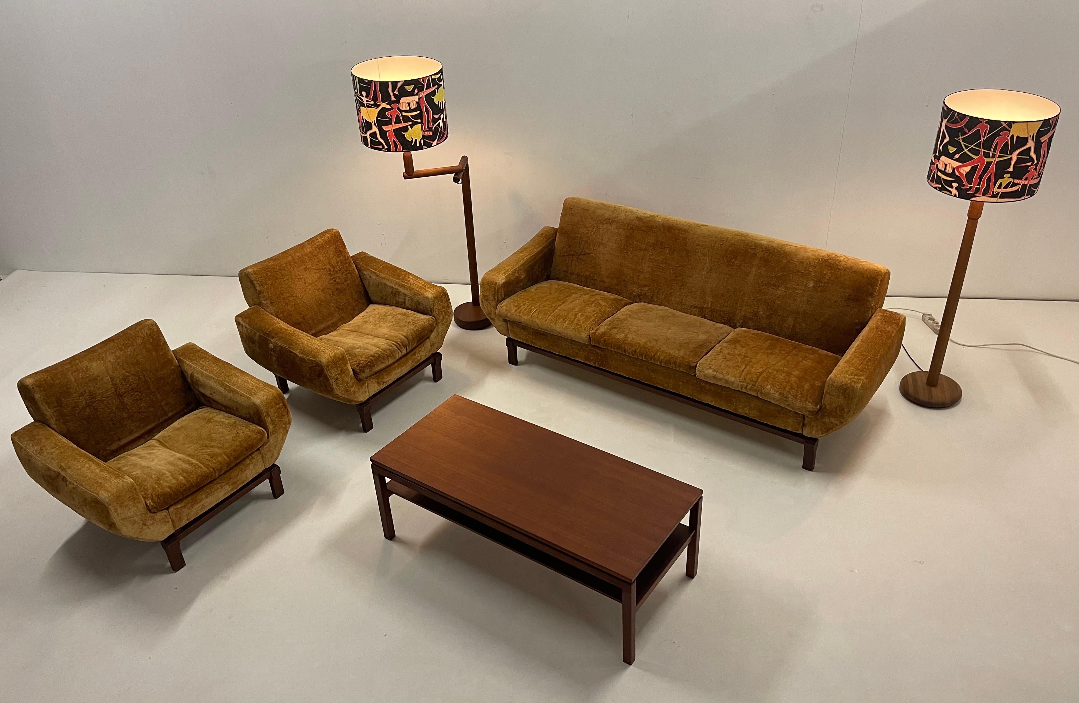Living room set including a 3-seat sofa and a pair of armchair in shaved amber-rusty shaved velvet in fair condition 

Sofa : D80 W210 H78 SH42
Armchairs: D80 W90 H78 SH42

The legs are made out of hardwood teak in kind of a japanese torii style