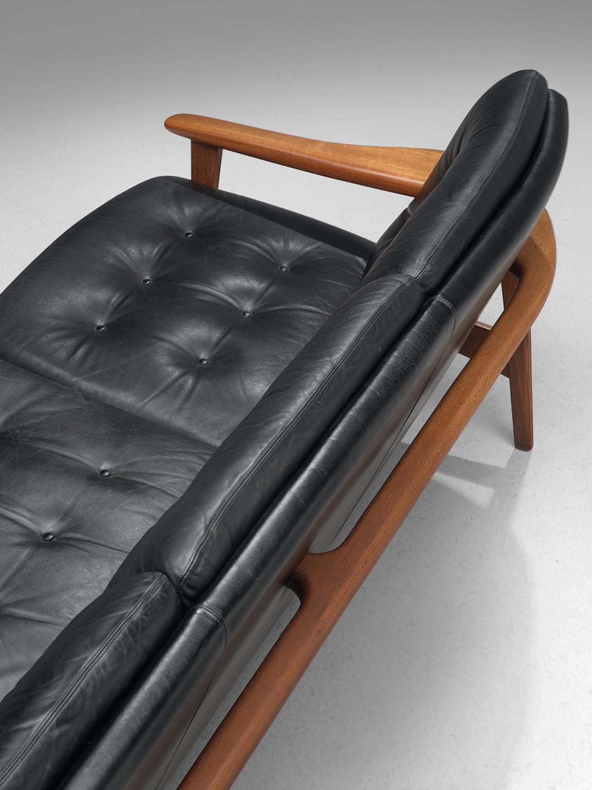 Living Room Set in Black Leather and Teak, Denmark, 1960s 2