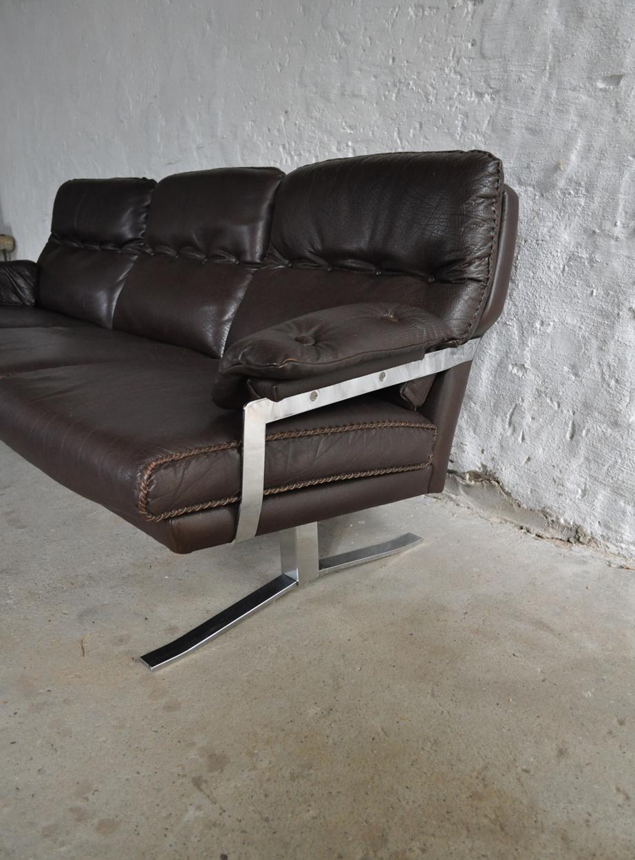 Living Room Set in Dark Brown Leather and Chrome by Arne Norell For Sale 5